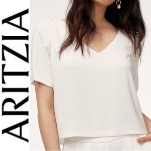Aritzia Babaton Randy White V-Neck top short sleeve blouse size S